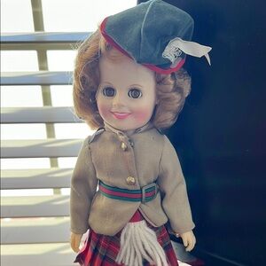 Vintage  Shirley Temple Doll with Plaid Skirt and Blue Hat